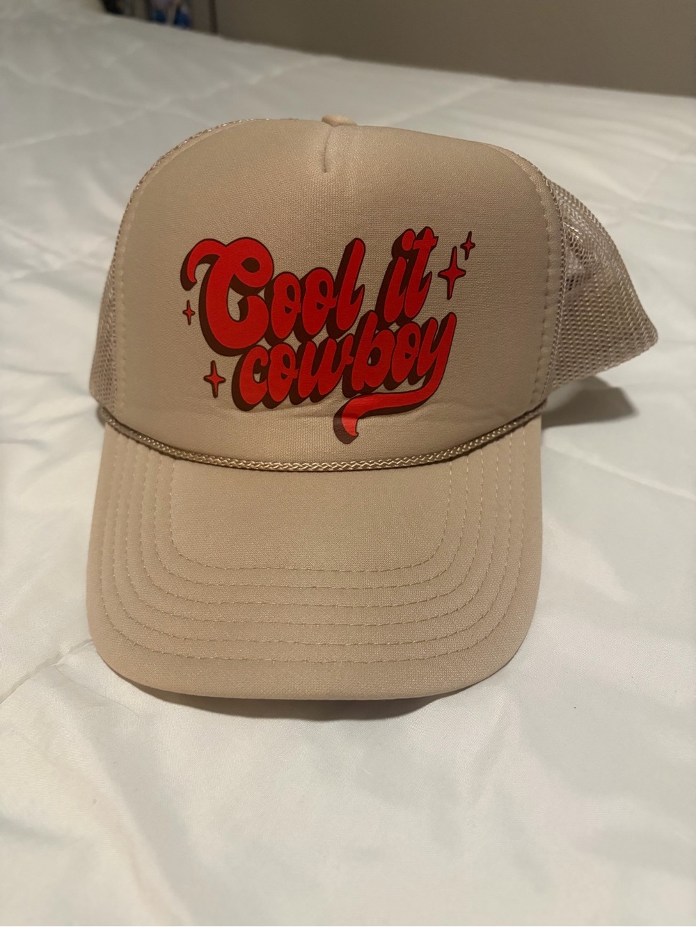 Cool It Cowboy Beige Trucker Hat with Red Script